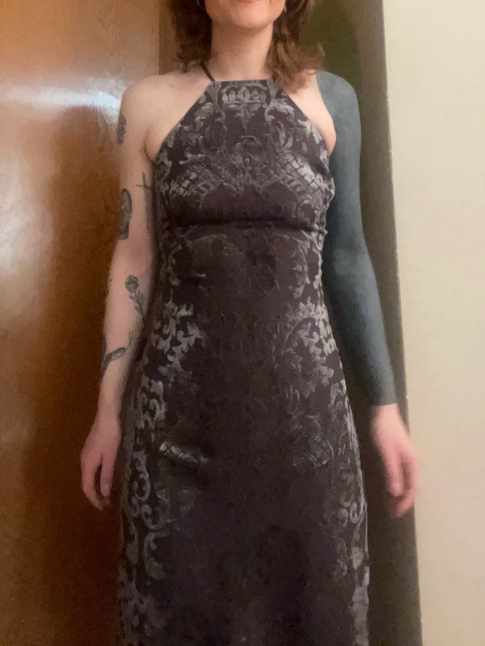 Halter-Style Green/Grey Floral Jacquard Dress